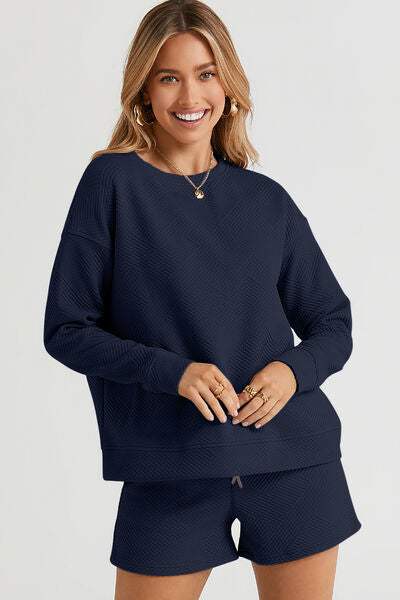 Double Take Full Size Texture Long Sleeve Top and Drawstring Shorts Set - Trendsi - Flyclothing LLC
