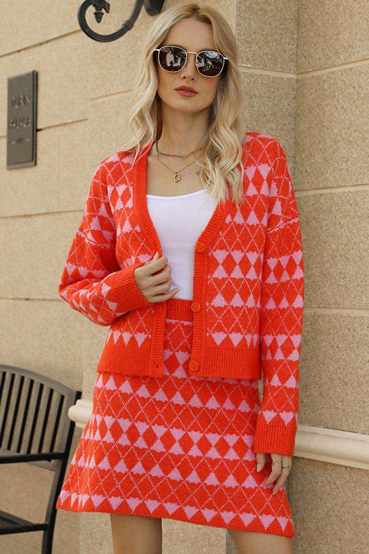 Geometric Dropped Shoulder Cardigan and Knit Skirt Set - Trendsi - Flyclothing LLC
