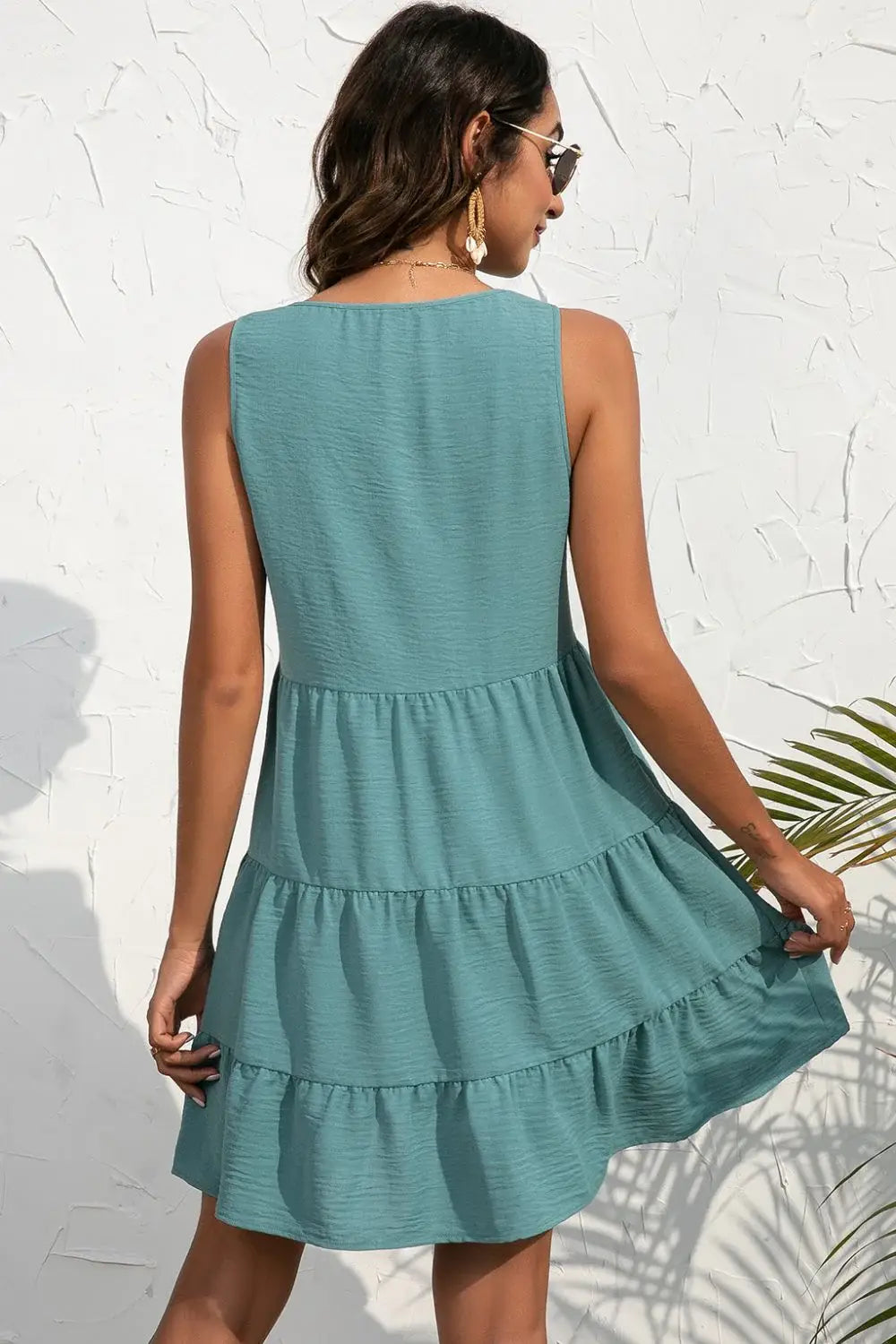 Decorative Button V-Neck Tiered Sleeveless Dress - Trendsi - Flyclothing LLC