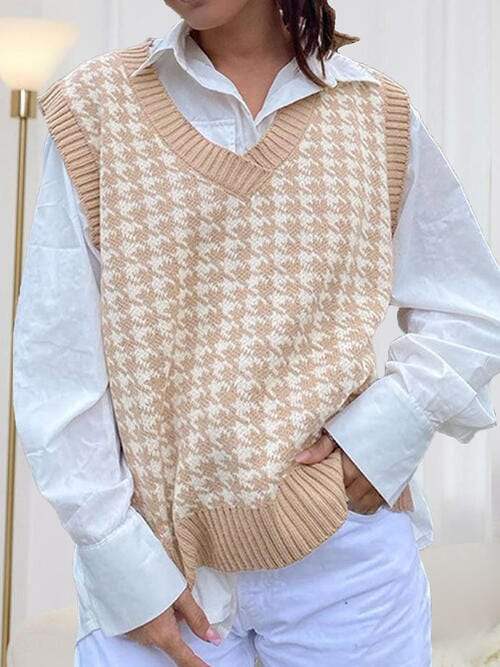 Houndstooth V-Neck Sweater Vet - Trendsi - Flyclothing LLC