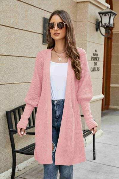Open Front Lantern Sleeve Cardigan - Trendsi - Flyclothing LLC
