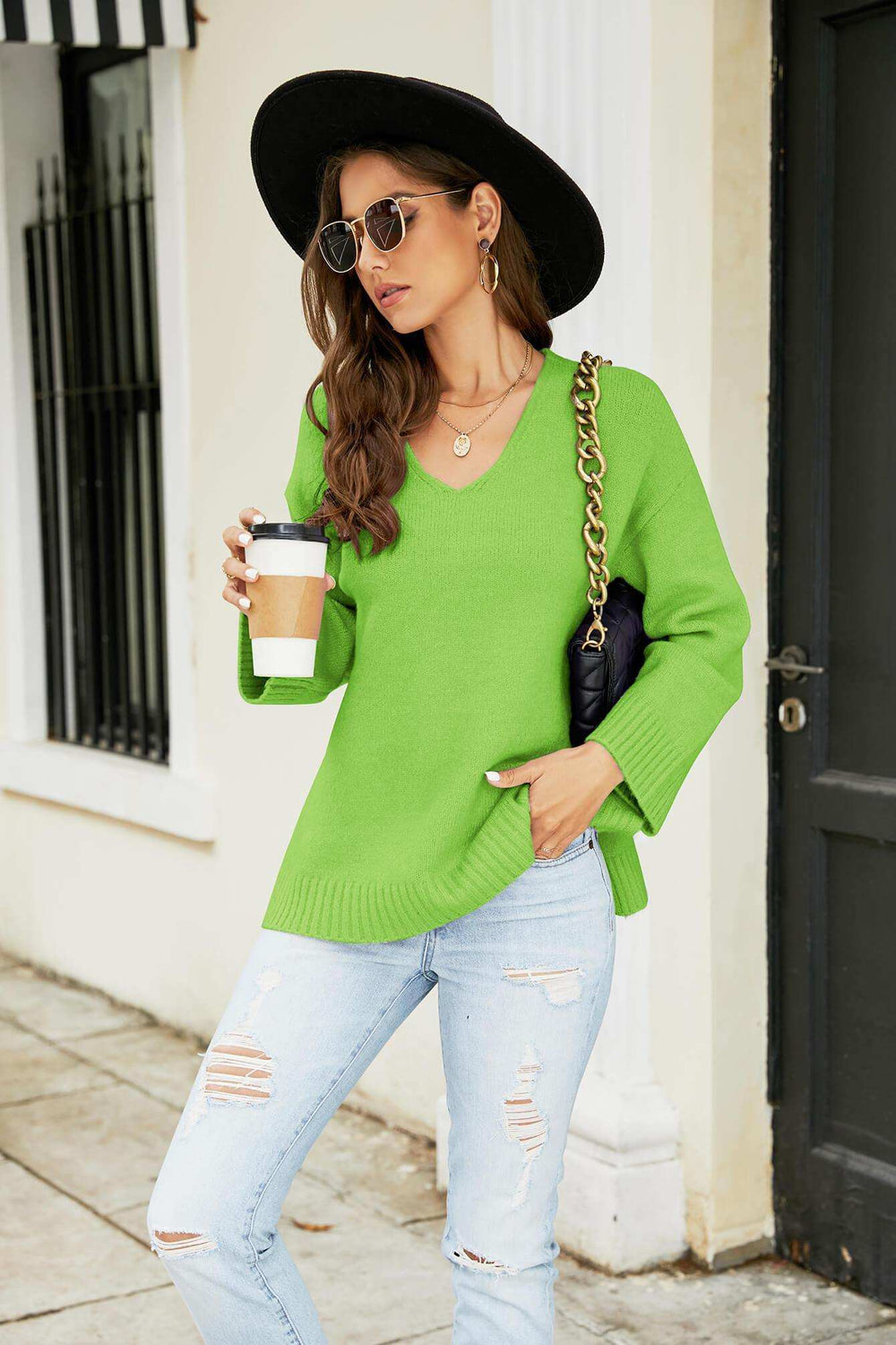 Drop Shoulder V-Neck Knit Pullover - Trendsi - Flyclothing LLC