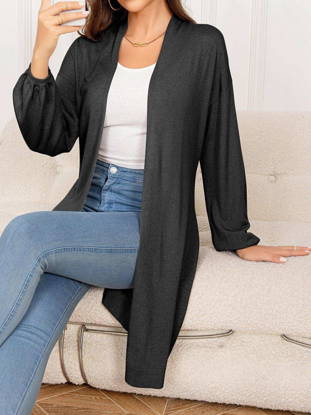 Dropped Shoulder Open Front Longline Cardigan - Trendsi - Flyclothing LLC