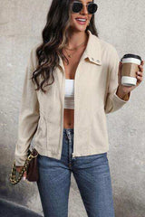 Zip Up Pocketed Collared Neck Dropped Shoulder Jacket - Trendsi - Flyclothing LLC