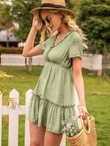 Frill V-Neck Short Sleeve Ruffle Hem Dress - Trendsi - Flyclothing LLC
