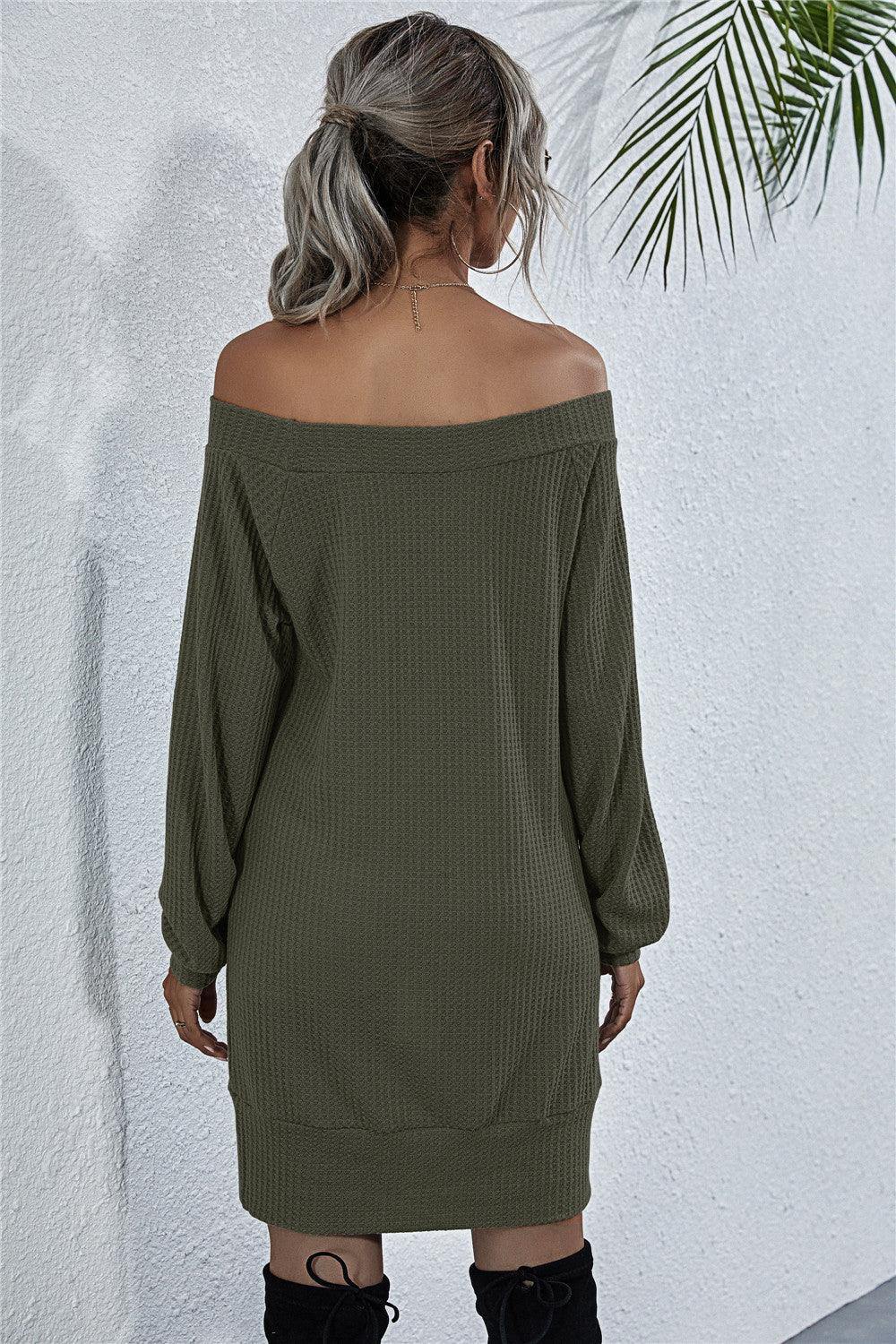 Waffle-Knit Boat Neck Mini Dress - Flyclothing LLC
