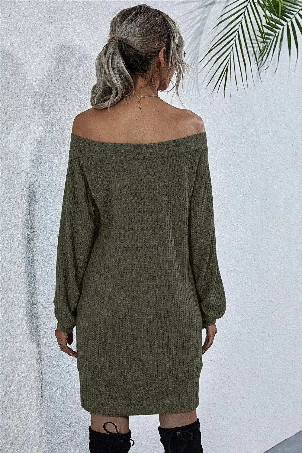 Waffle-Knit Boat Neck Mini Dress - Trendsi - Flyclothing LLC