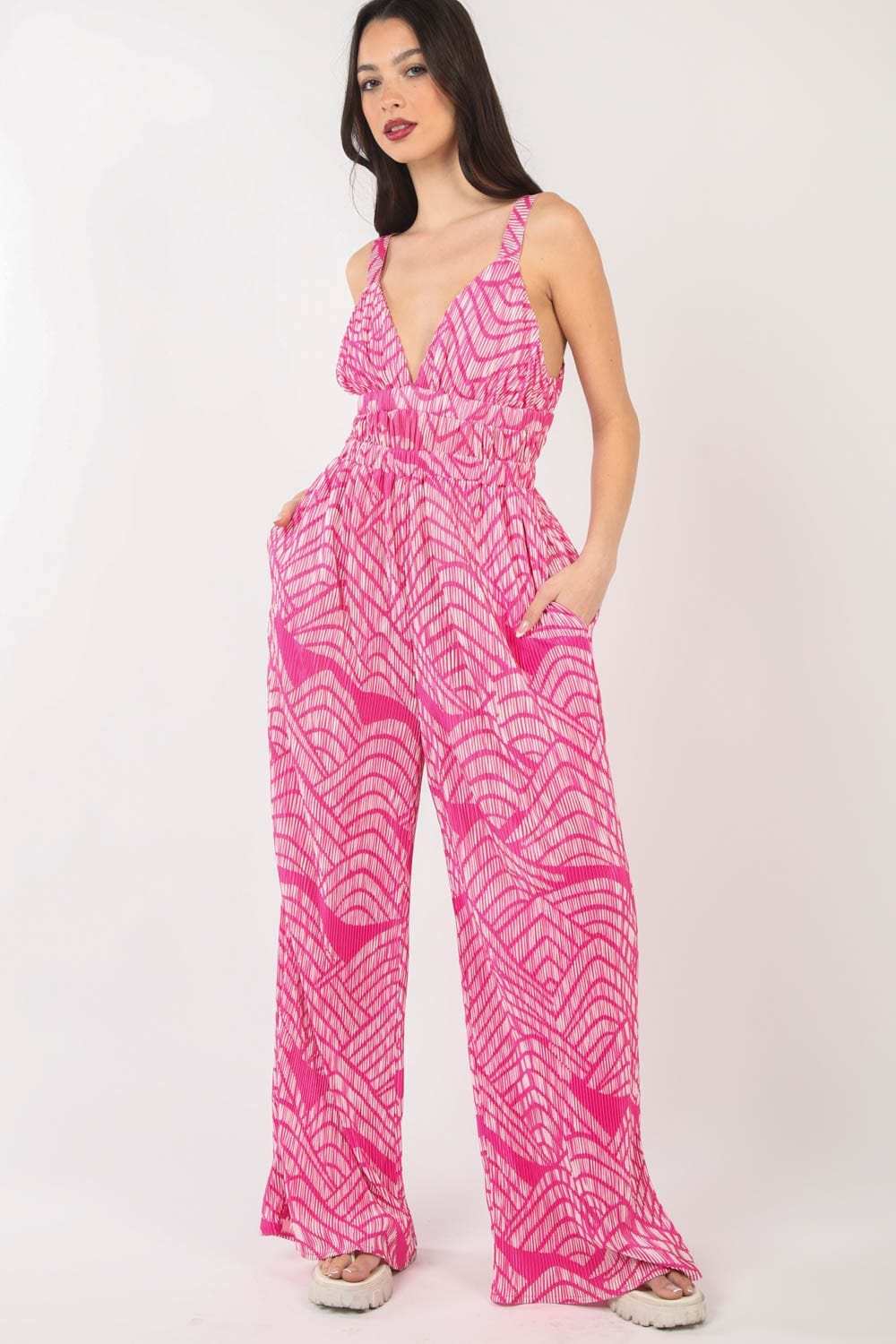 VERY J Printed Pleated Sleeveless Wide Leg Jumpsuit - Trendsi - Flyclothing LLC