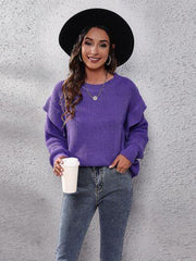Ruffled Round Neck Dropped Shoulder Sweater - Trendsi