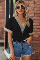 Openwork V-Neck Short Sleeve T-Shirt - Trendsi - Flyclothing LLC
