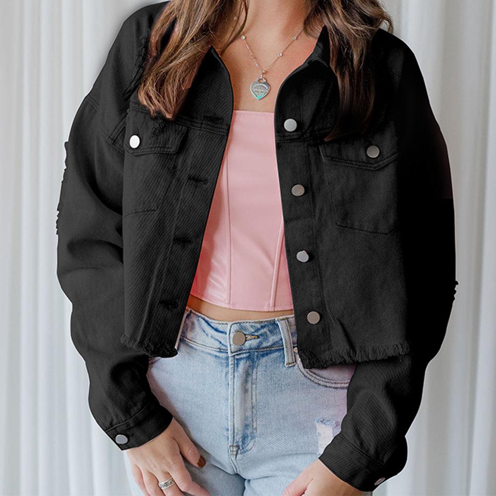 Distressed Raw Hem Dropped Shoulder Denim Jacket - Trendsi