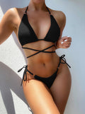 Textured Halter Neck Tie Side Bikini Set - Trendsi