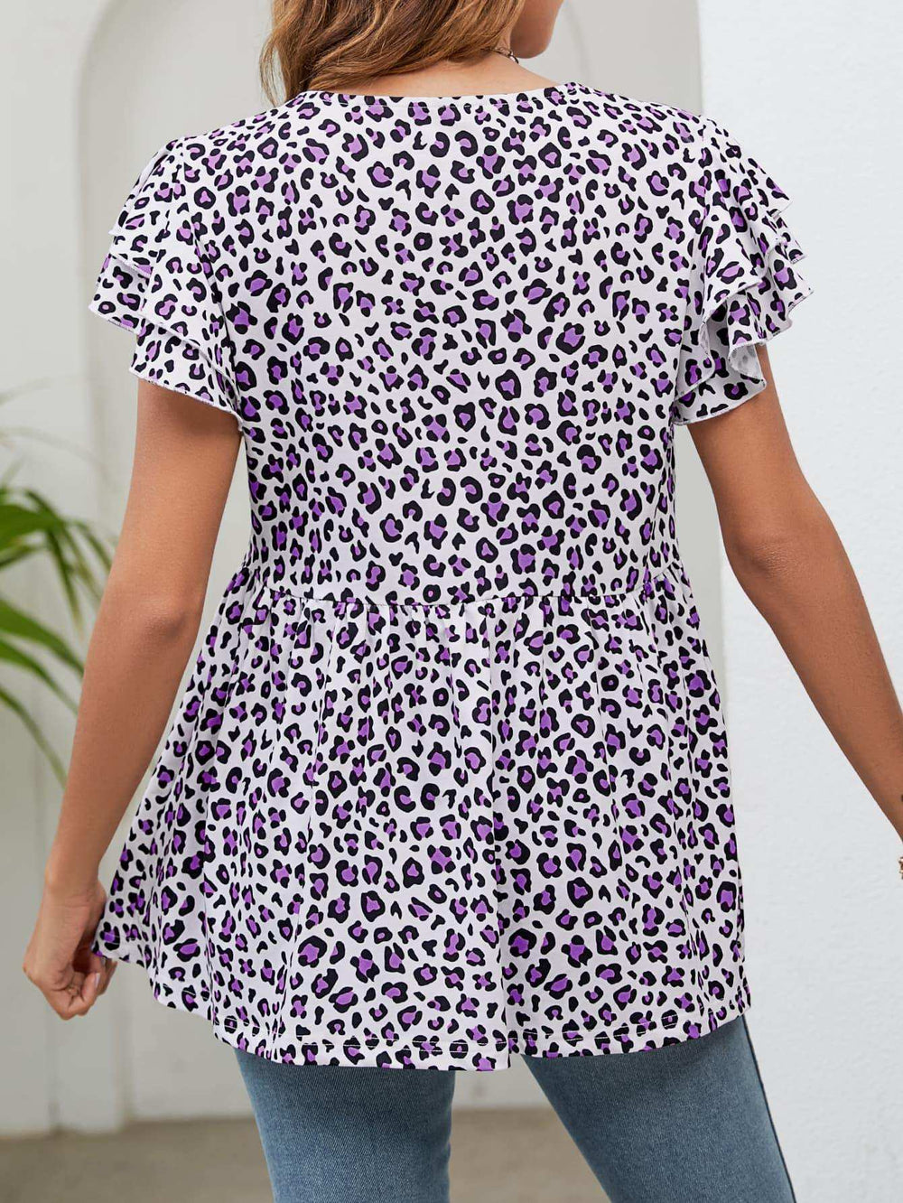 Leopard Round Neck Flutter Sleeve Babydoll Blouse - Trendsi - Flyclothing LLC