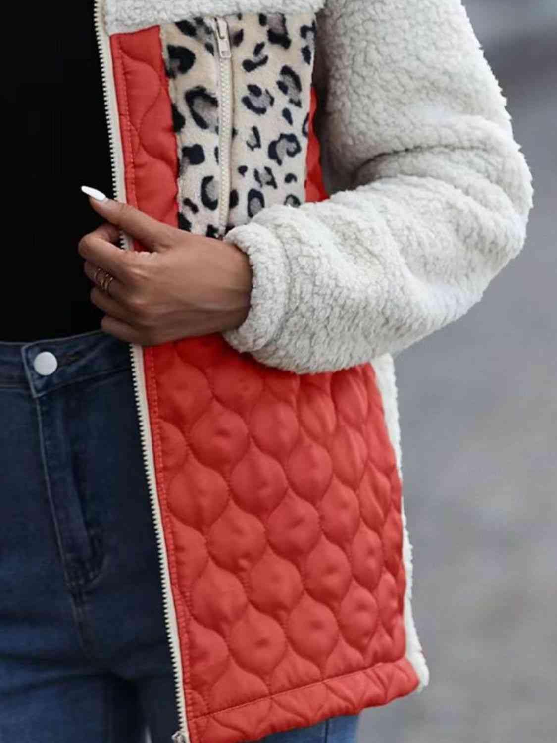 Leopard Color Block Zip-Up Jacket - Trendsi