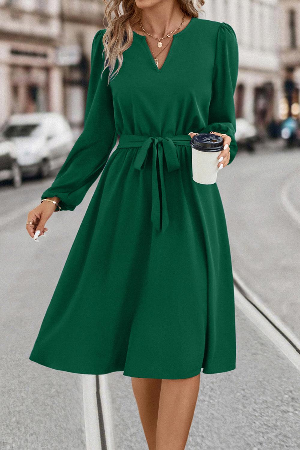 Tie Waist Notched Neck Long Sleeve Dress - Trendsi