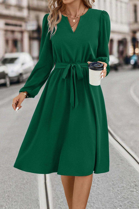 Tie Waist Notched Neck Long Sleeve Dress - Trendsi - Flyclothing LLC
