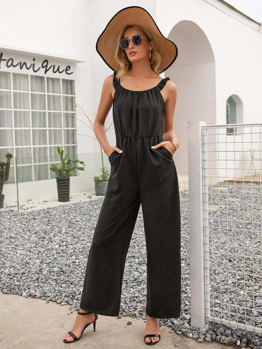 Round Neck Sleeveless Jumpsuit with Pockets - Trendsi - Flyclothing LLC
