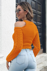 Cable-Knit Cold-Shoulder Sweater - Trendsi