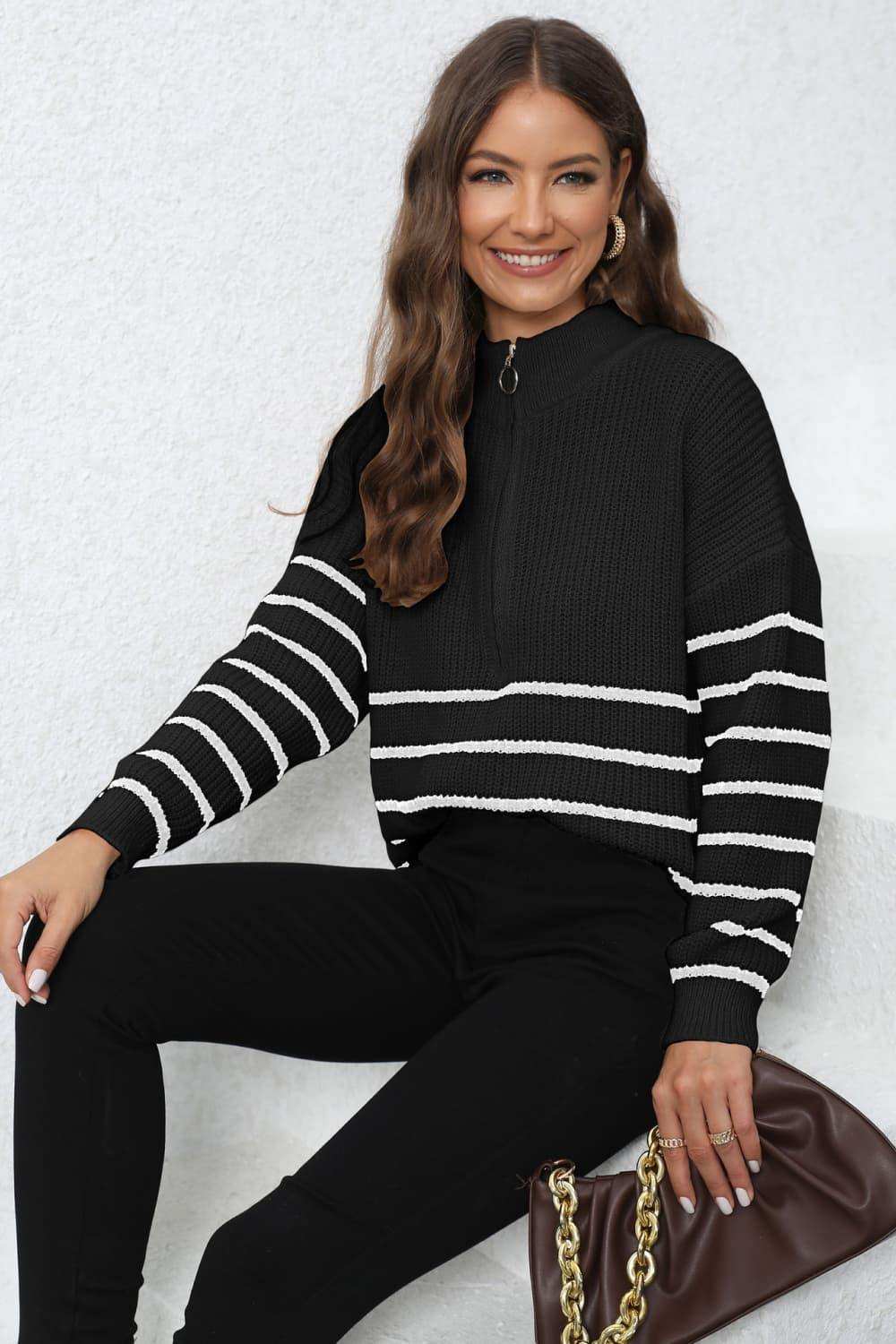 Mock Neck Long Sleeve Zip-Up Sweater - Trendsi - Flyclothing LLC