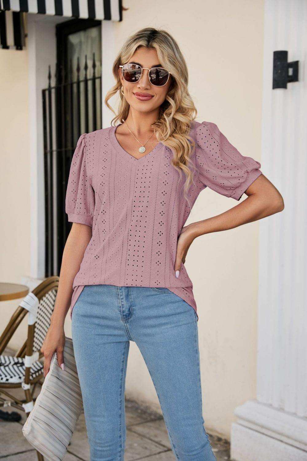 Eyelet Puff Sleeve V-Neck Top - Trendsi - Flyclothing LLC