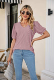 Eyelet Puff Sleeve V-Neck Top - Trendsi - Flyclothing LLC