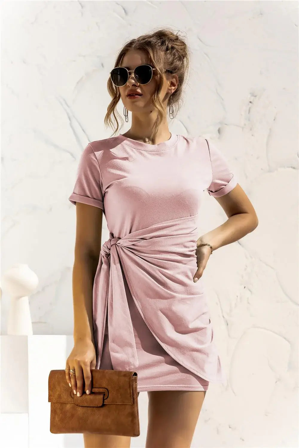 Round Neck Cuffed Sleeve Side Tie Dress - Trendsi - Flyclothing LLC