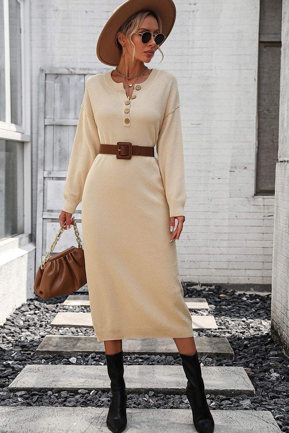 Notched Neck Dropped Shoulder Button-Down Midi Dress - Trendsi - Flyclothing LLC