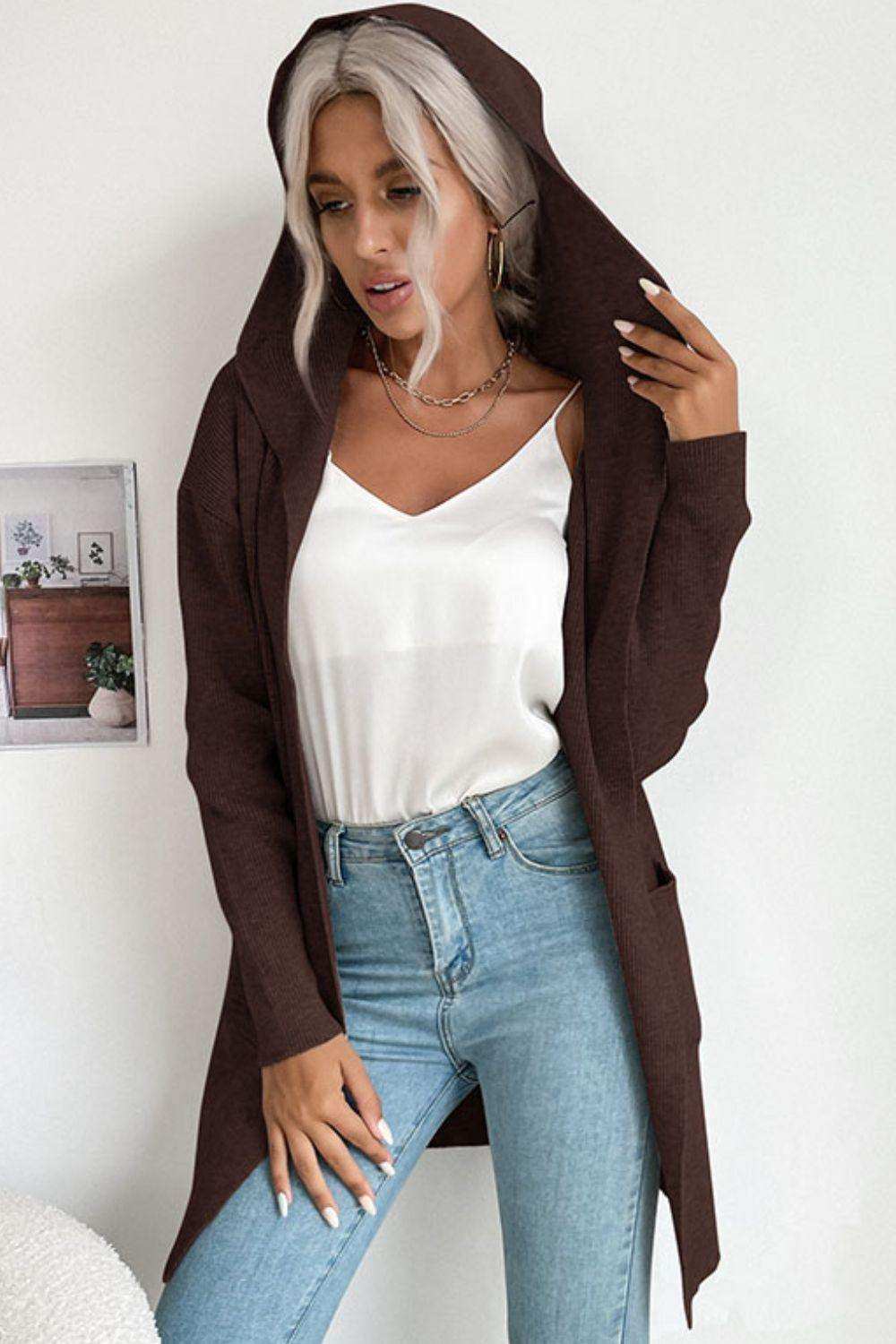 Ribbed Open Front Hooded Cardigan with Pockets - Trendsi - Flyclothing LLC