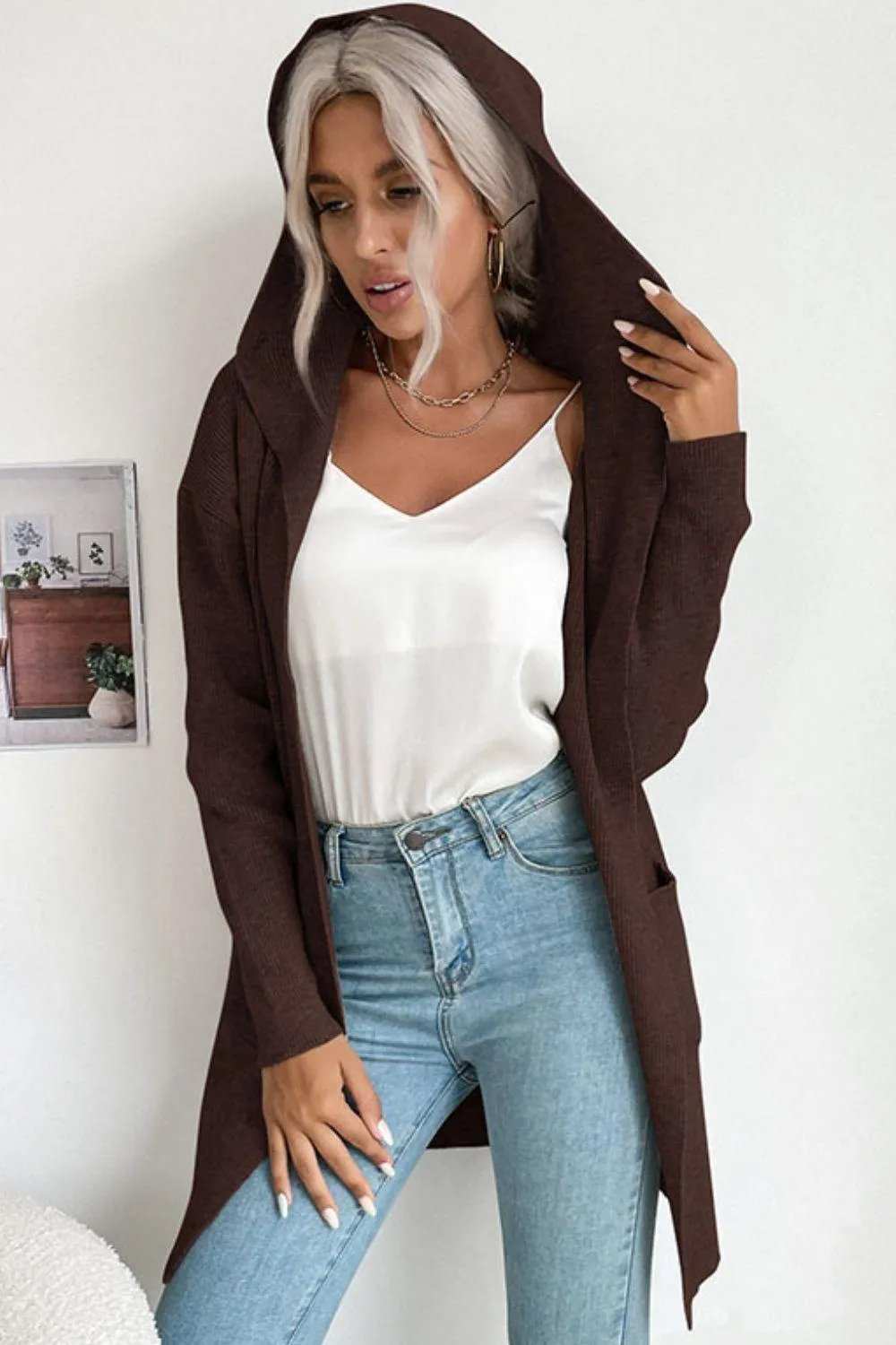 Ribbed Open Front Hooded Cardigan with Pockets - Trendsi - Flyclothing LLC