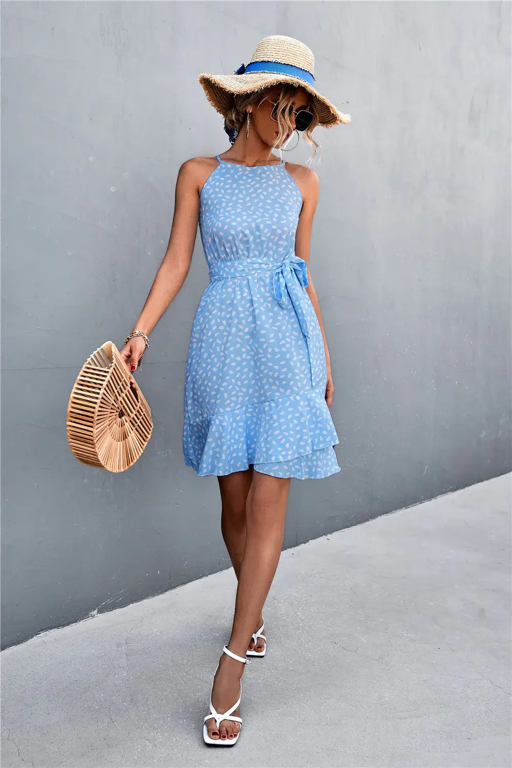 Printed Tie Waist Ruffle Hem Sleeveless Dress - Trendsi - Flyclothing LLC