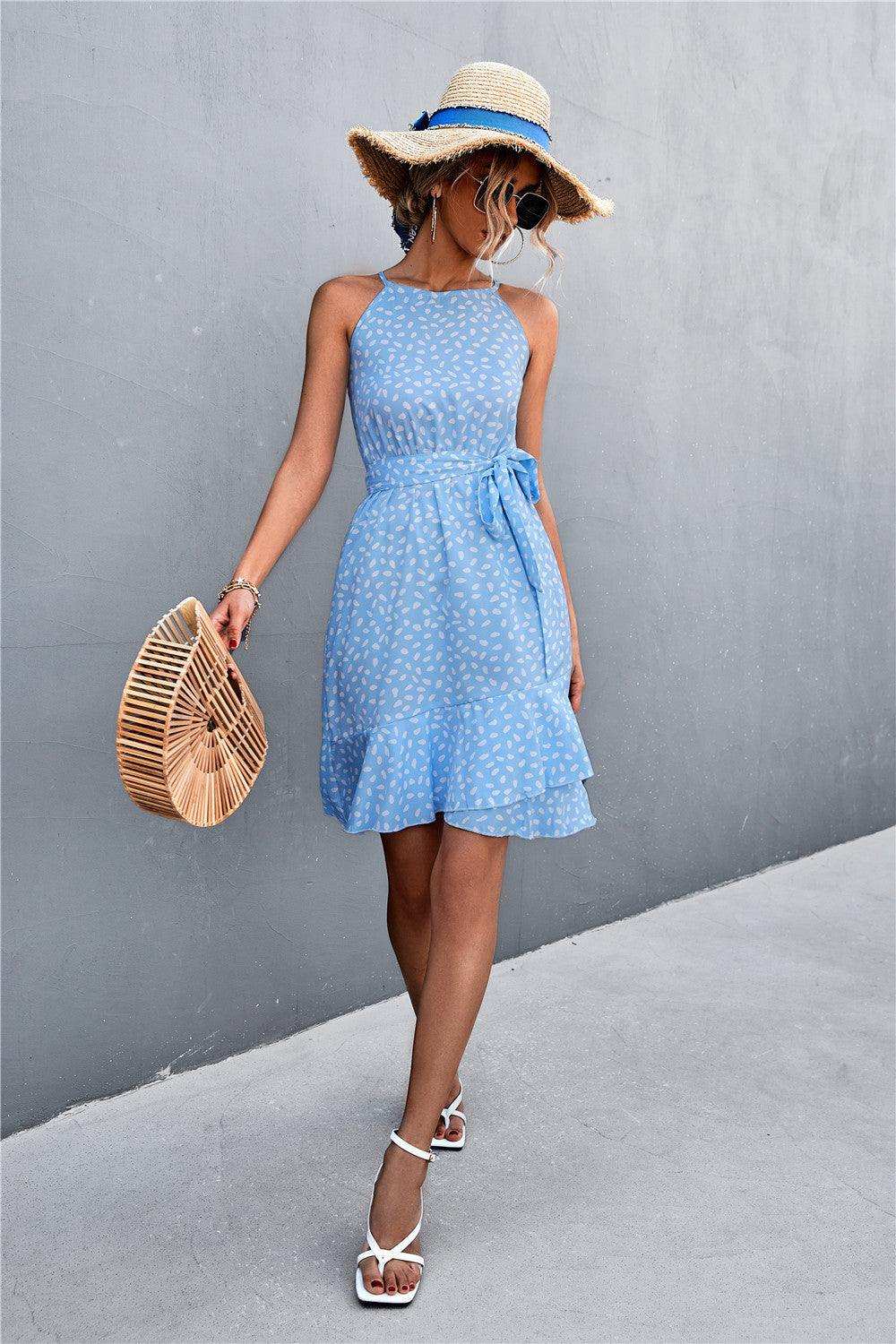 Printed Tie Waist Ruffle Hem Sleeveless Dress - Trendsi - Flyclothing LLC