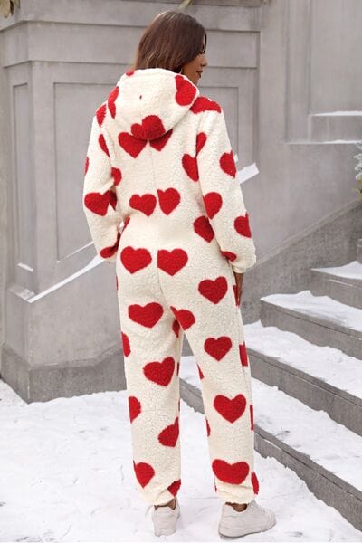 Fuzzy Heart Zip Up Hooded Lounge Jumpsuit - Trendsi