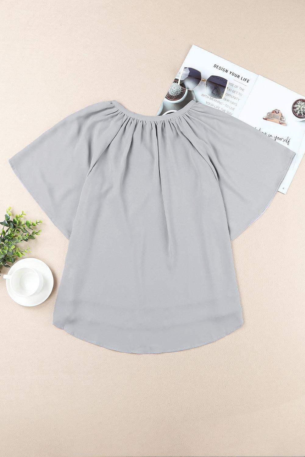 Gathered Detail Notched Neck Flutter Sleeve Top - Trendsi - Flyclothing LLC