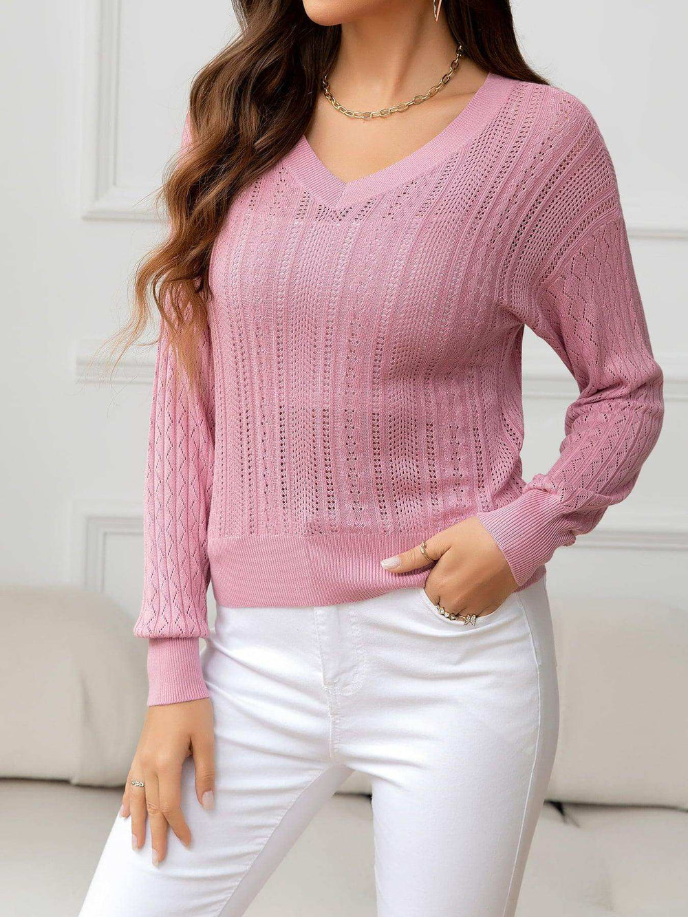 V-Neck Long Sleeve Eyelet Knit Top - Trendsi - Flyclothing LLC