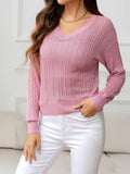 V-Neck Long Sleeve Eyelet Knit Top - Trendsi - Flyclothing LLC