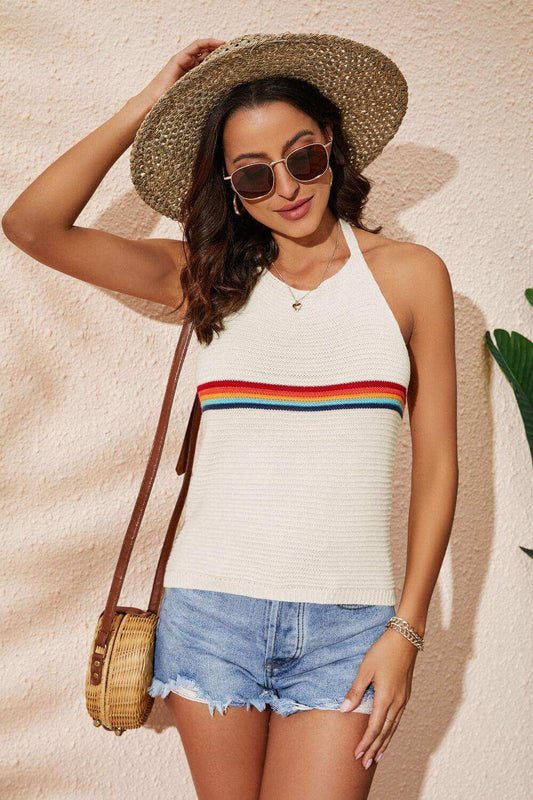 Rainbow Stripe Halter Neck Knit Tank - Trendsi - Flyclothing LLC