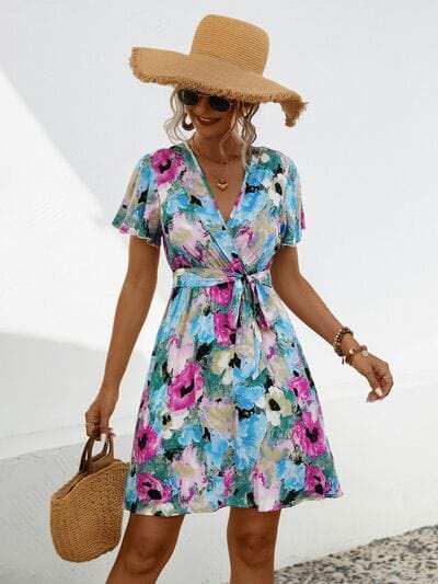 Printed Surplice Tie Waist Mini Dress - Trendsi - Flyclothing LLC