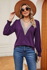 Lace Detail V-Neck Lantern Sleeve T-Shirt - Trendsi - Flyclothing LLC