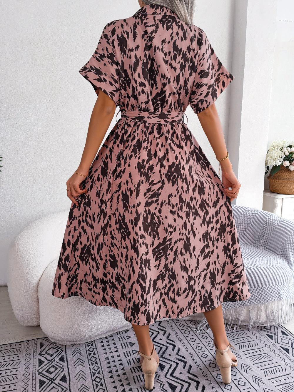 Printed Collared Neck Short Sleeve Tie Waist Dress - Trendsi