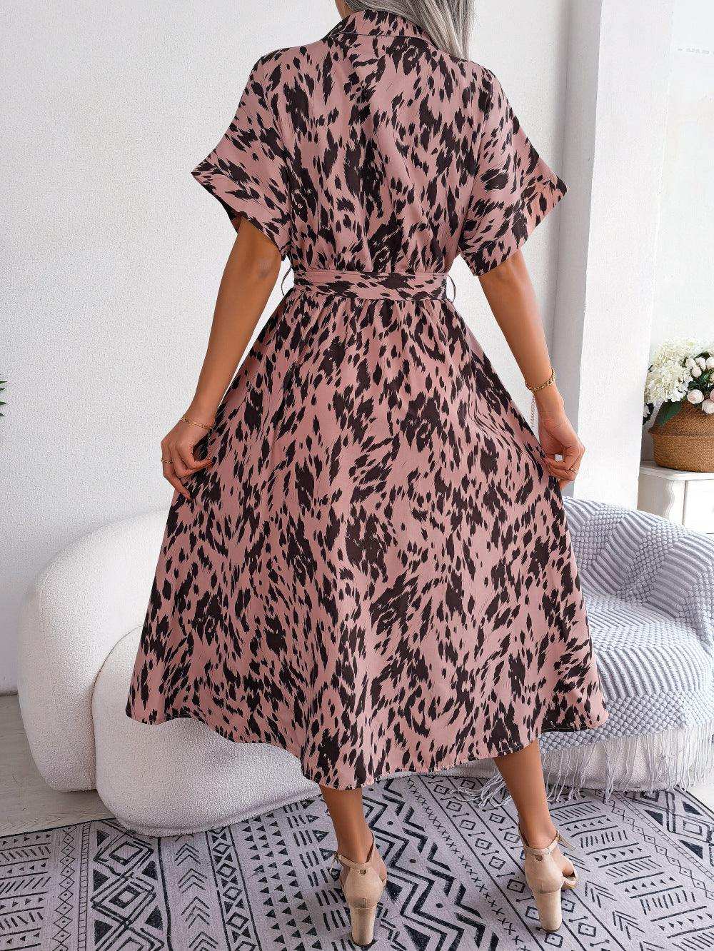 Printed Collared Neck Short Sleeve Tie Waist Dress - Trendsi - Flyclothing LLC