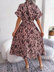 Printed Collared Neck Short Sleeve Tie Waist Dress - Trendsi