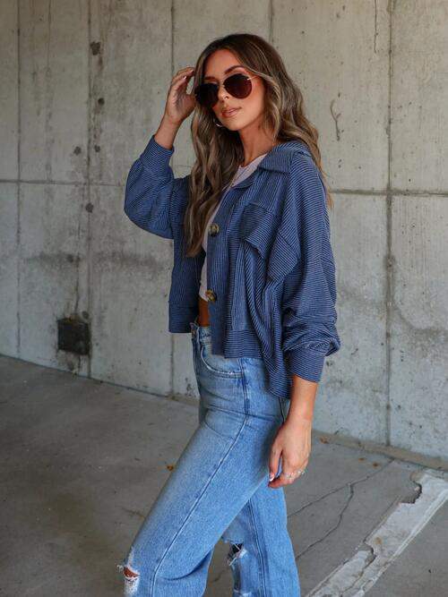 Ribbed Collared Neck Button Up Jacket - Trendsi - Flyclothing LLC
