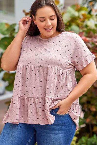 Plus Size Eyelet Round Neck Short Sleeve Blouse - Trendsi - Flyclothing LLC