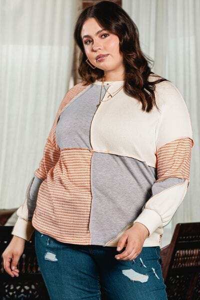 Plus Size Exposed Seam Color Block Round Neck Sweatshirt - Trendsi - Flyclothing LLC