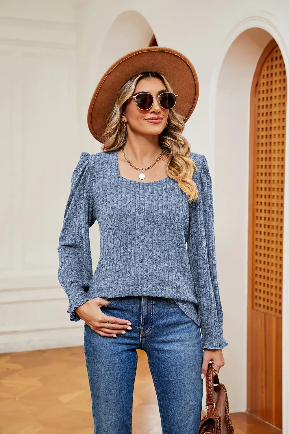 Square Neck Puff Sleeve Top - Trendsi - Flyclothing LLC
