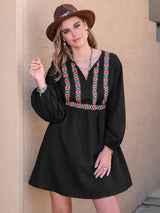 Notched Neck Long Sleeve Printed Mini Dress - Trendsi - Flyclothing LLC