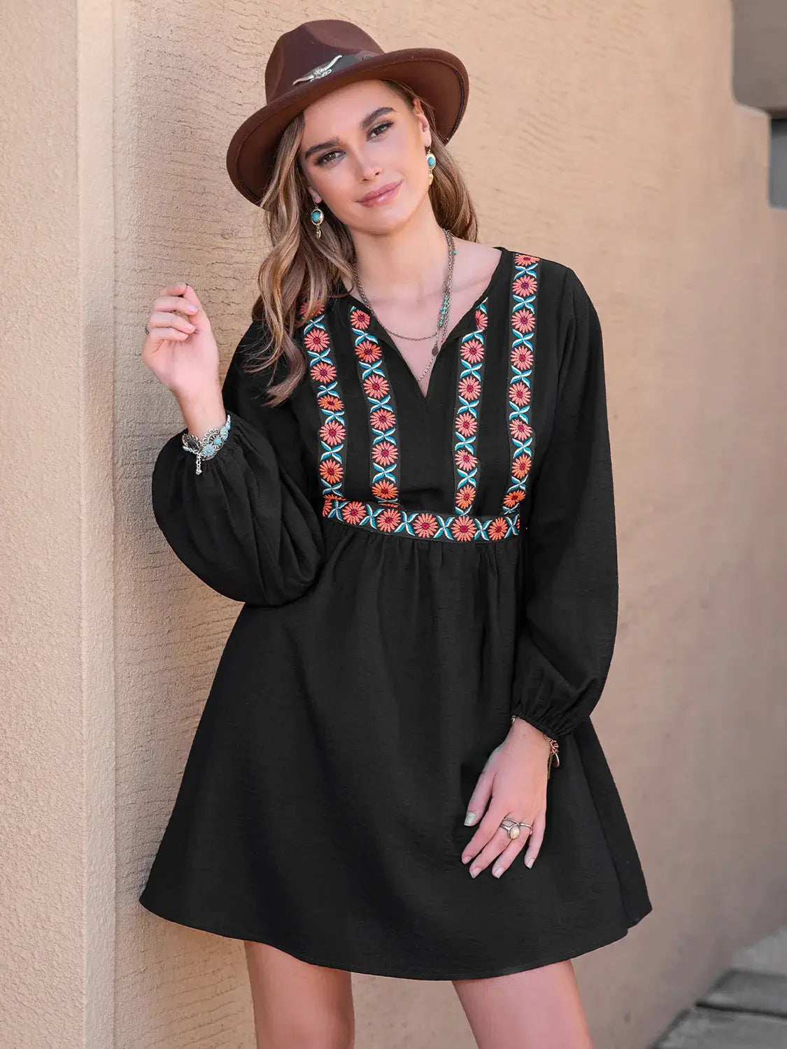 Notched Neck Long Sleeve Printed Mini Dress - Trendsi - Flyclothing LLC