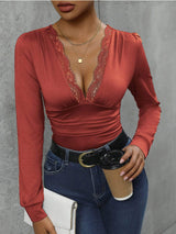 Lace Detail Plunge Long Sleeve Bodysuit - Trendsi - Flyclothing LLC