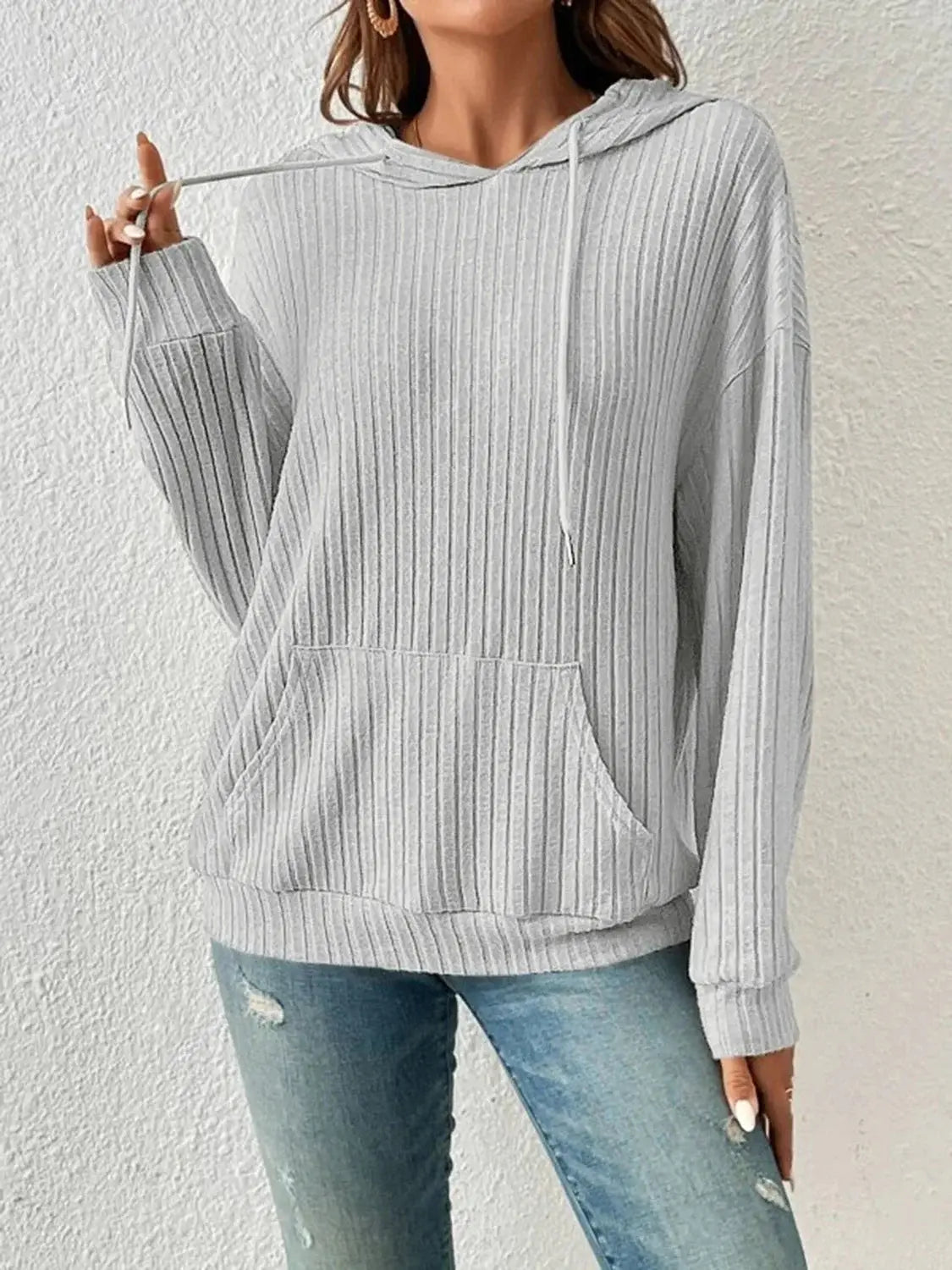 Ribbed Dropped Shoulder Drawstring Hoodie - Trendsi - Flyclothing LLC