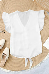 V-Neck Tie Hem Flutter Sleeve Blouse - Trendsi - Flyclothing LLC